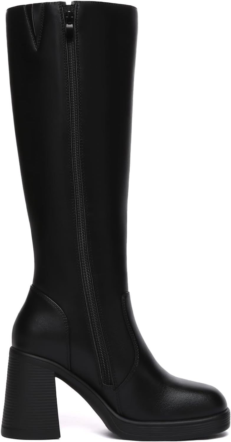 Athlefit Black Knee High Boots for Women Platform Tall Boots Fashion Square Toe Chunky Heeled Booties - Image 3