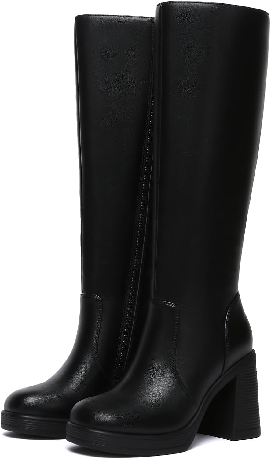 Athlefit Black Knee High Boots for Women Platform Tall Boots Fashion Square Toe Chunky Heeled Booties - Image 4