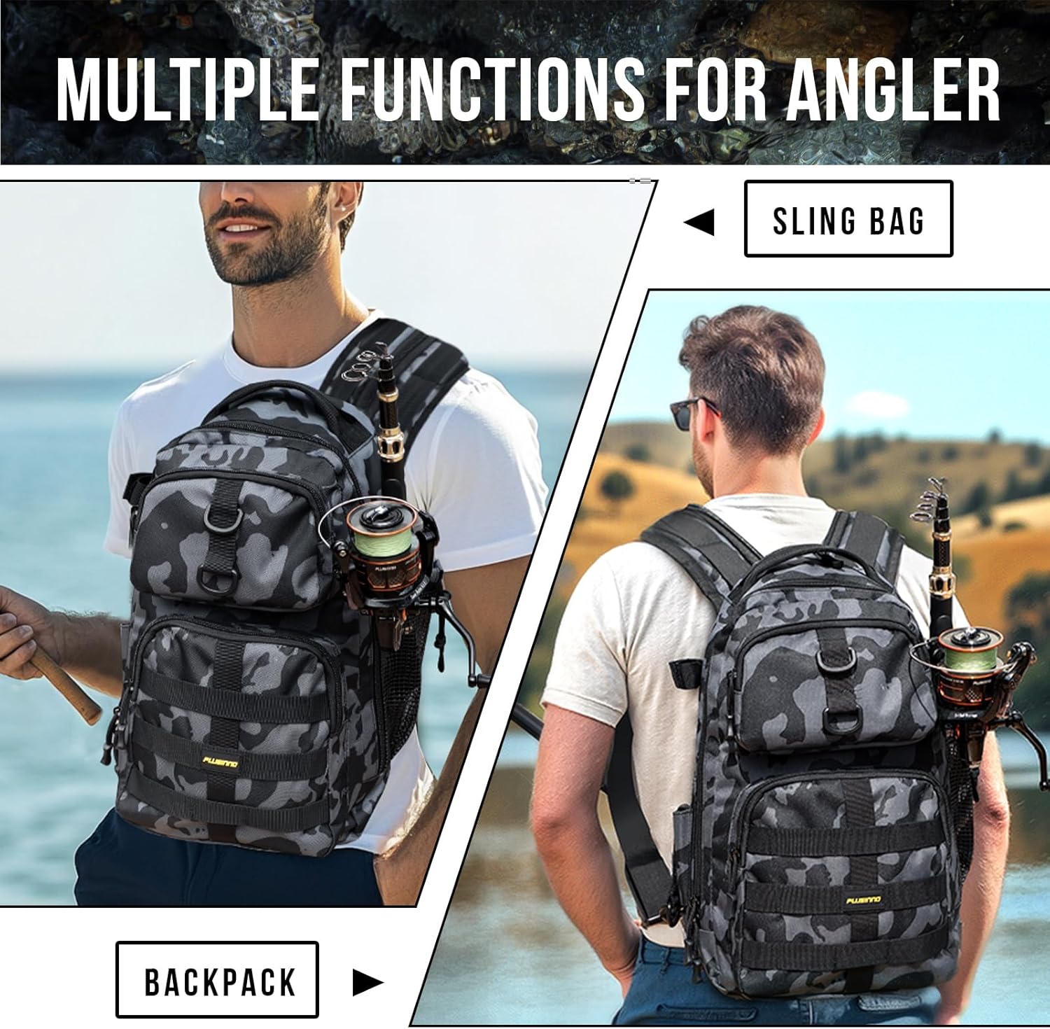 PLUSINNO Fishing Backpack with Tackle Boxes, Waterproof Sling Tackle Bag For Fishing Gear With Rod Holder,Gifts for Men - Image 5